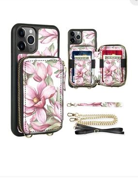 Floral Pink Magnolia Wallet Phone Case with Card Holder and Strap